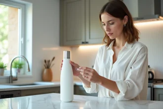Femme examinant un produit de filtration d'eau H2O dans une cuisine moderne pour guide d'achat 2026