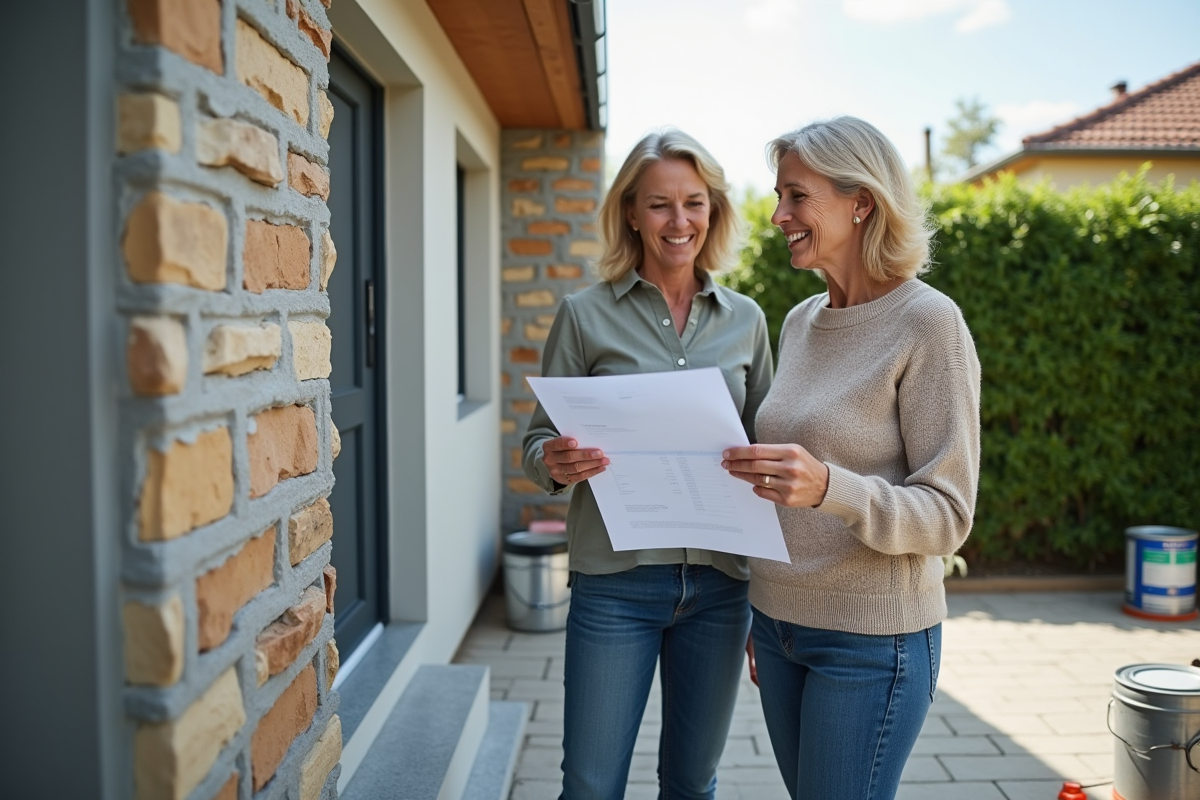 Femme propriétaire regardant un devis avec un entrepreneur devant la maison