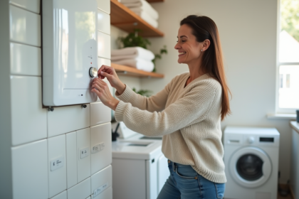 Femme ajustant le thermostat d'un chauffe-eau mural dans la buanderie