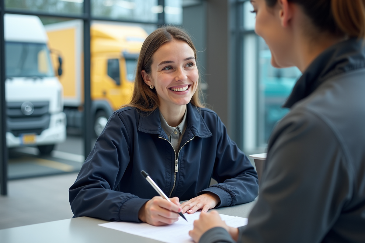 Femme souriante remplissant un formulaire dans une agence de location