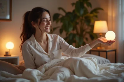 Jeune femme souriante allongée dans son lit avec une lampe de réveil moderne