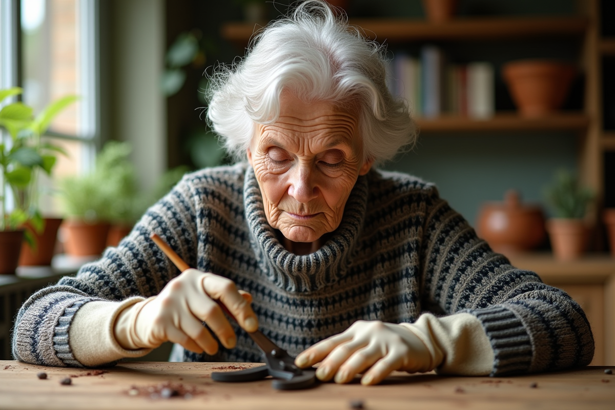 Femme âgée nettoyant des cisailles de jardin à l