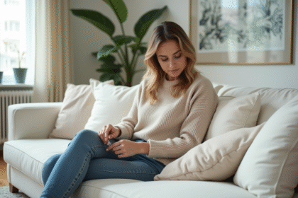 Femme assise sur un canapé blanc dans un salon moderne