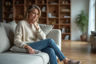 Femme assise sur un canapé moderne dans un salon calme