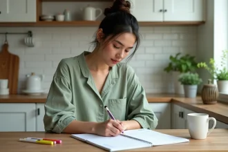 Femme écrivant dans un semainier imprimé posé sur une table en bois dans une cuisine moderne et organisée