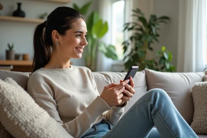 Femme assise sur un canapé utilisant un smartphone dans un salon lumineux