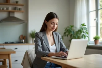 Jeune femme concentrée sur son ordinateur dans une cuisine moderne