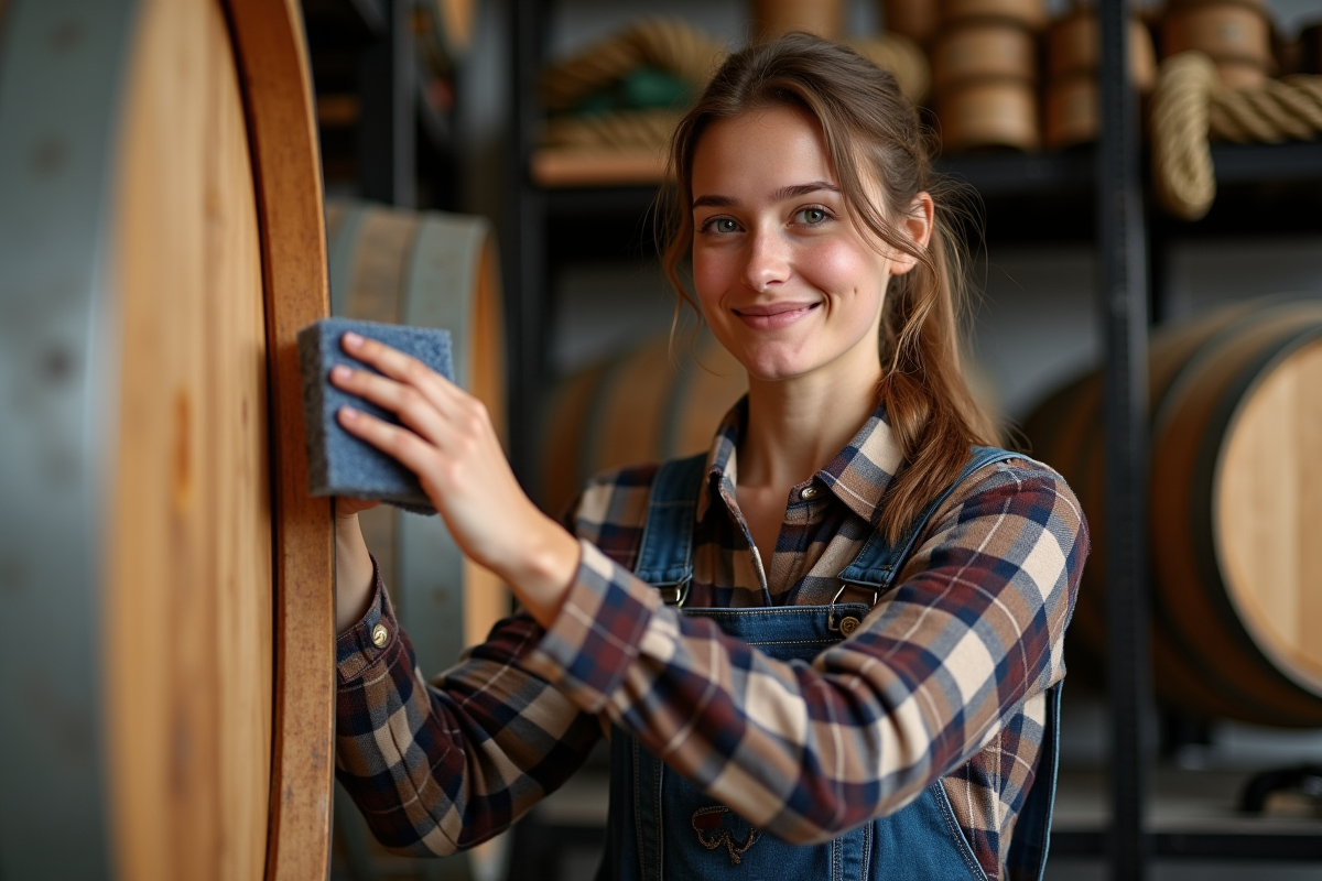 Jeune femme inspectant un tonneau en bois dans un atelier