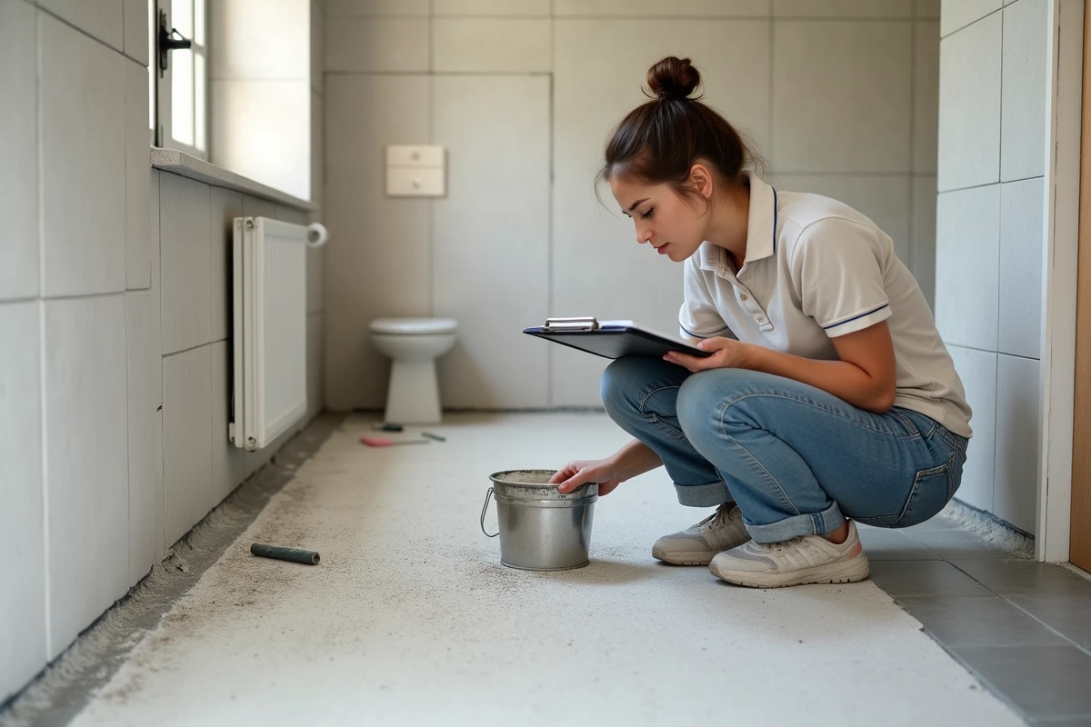 Jeune femme vérifiant un screed neuf dans une salle de bain