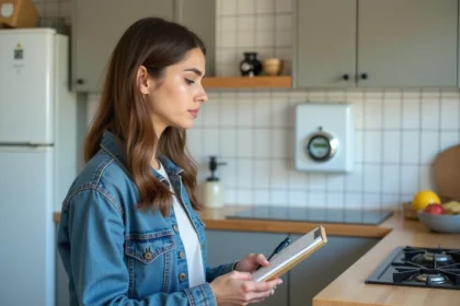 Jeune femme vérifiant le compteur d'eau dans la cuisine