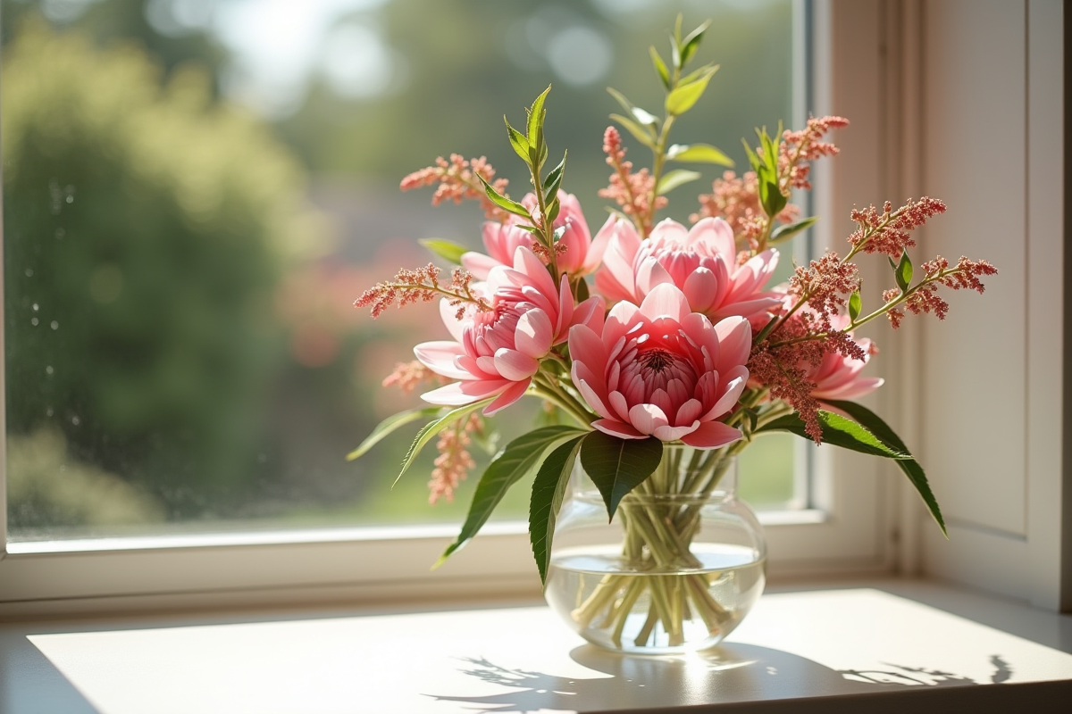 Roses de cerisier kanzan et proteas dans un vase lumineux