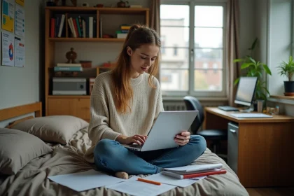 Étudiante assise sur son lit dans un studio meublé, entourée de livres et d'un ordinateur portable, illustrant le quotidien d'un foyer étudiant