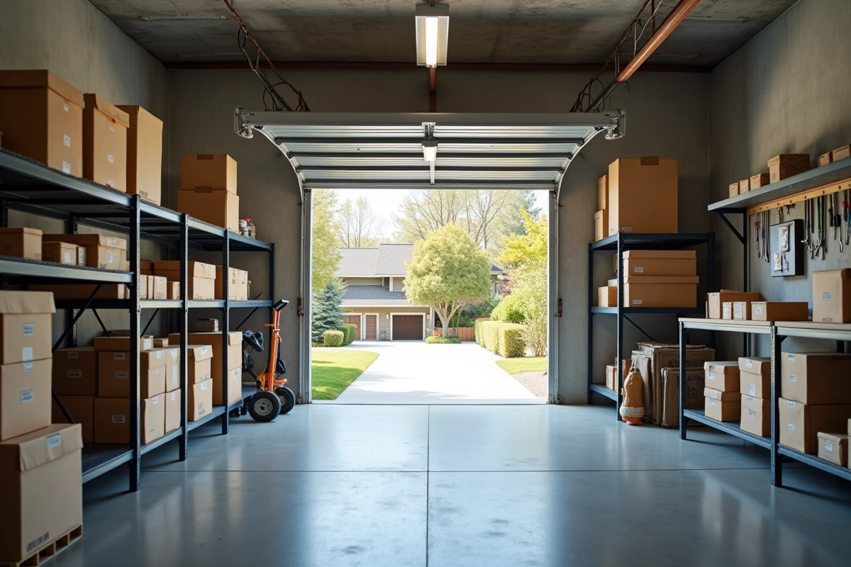 Garage parfaitement rangé après un débarras complet réalisé en un week-end avec étagères et outils organisés