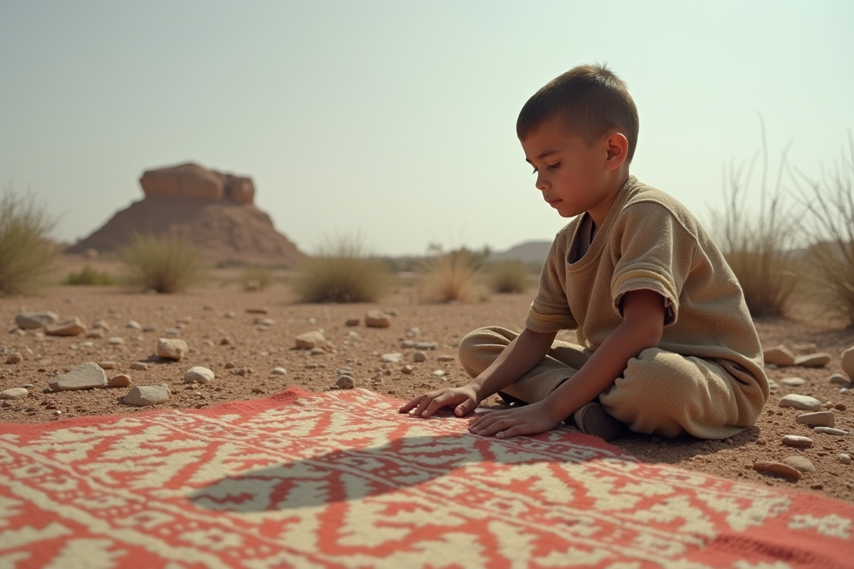 Jeune garçon berbere regardant un tapis dans un paysage désertique
