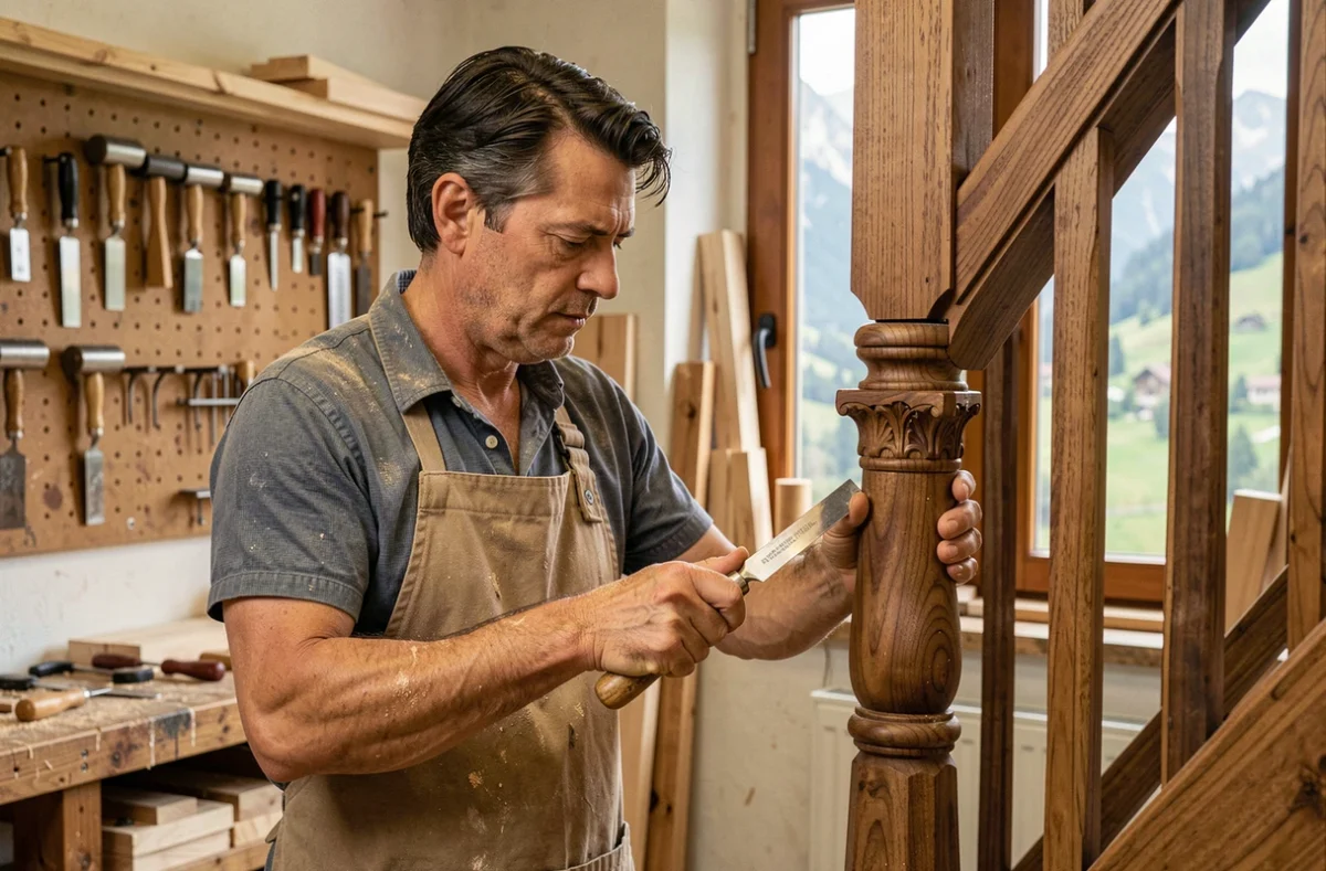 Artisan menuisier ciselant un détail de menuiserie en noyer dans son atelier personnel à Annecy