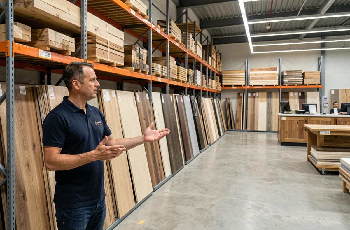 Conseiller en négoce de bois présentant des échantillons de panneaux dans le showroom d'Annecy