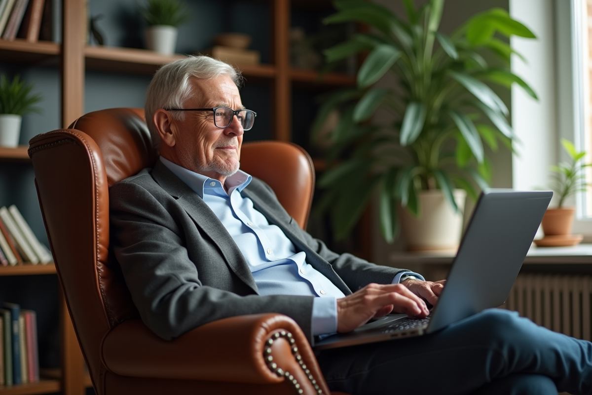Homme âgé travaillant sur un ordinateur dans un bureau cosy