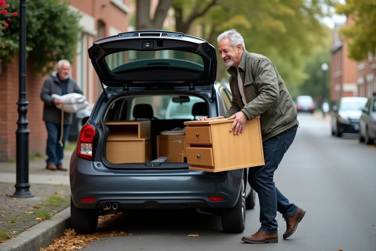 Homme chargeant un meuble dans une voiture en ville