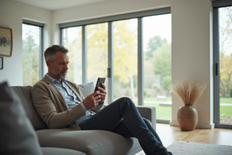 Homme d'âge moyen utilisant son smartphone pour contrôler des volets roulants