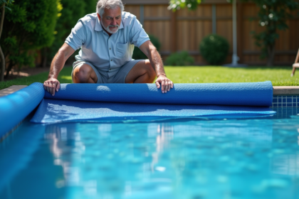 Homme d'âge moyen pose une couverture de sécurité sur une piscine