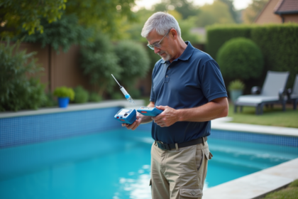 Homme en tenue de maintenance piscine examine un kit de test d'eau