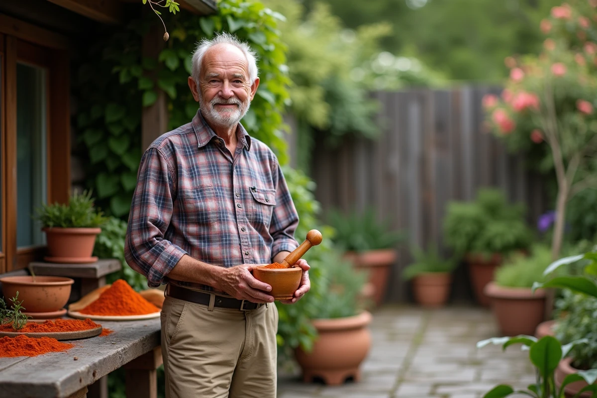 Homme avec épices paprika dans le jardin