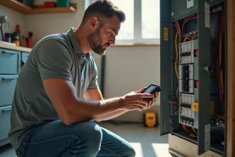 Homme examinant un disjoncteur diff dans un panneau électrique