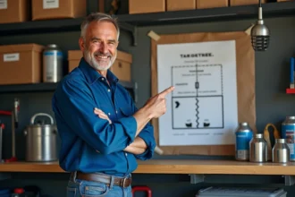 Homme en bleu pointant un diagramme dans un garage organisé