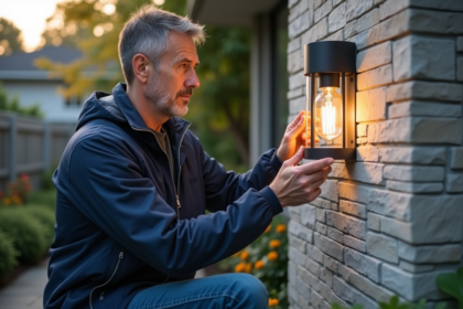 Homme inspectant une lampe extérieure moderne sur une maison