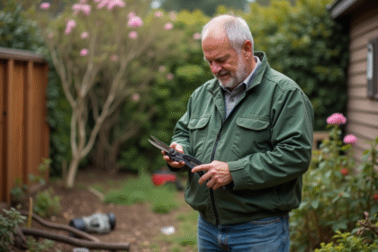 Homme d'âge moyen examinant des cisailles de jardin dans un jardin
