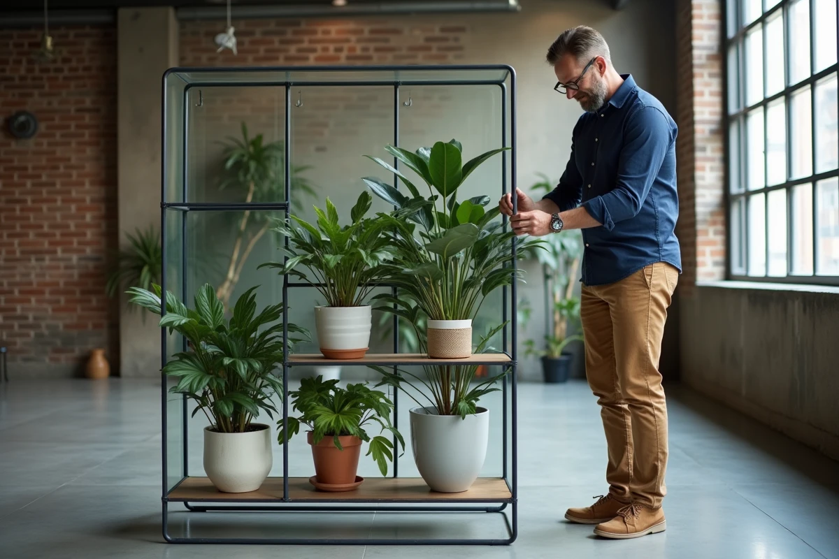 Homme installant une plante sur un séparateur dans un loft moderne