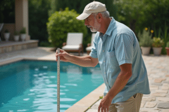 Homme d'âge moyen vérifiant le niveau d'eau de la piscine