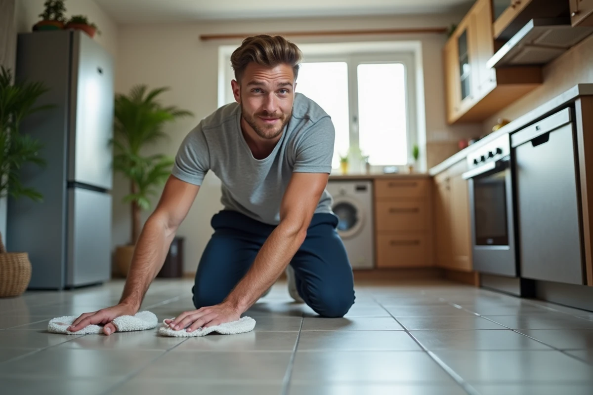 Jeune homme nettoyant le sol de la cuisine ouverte