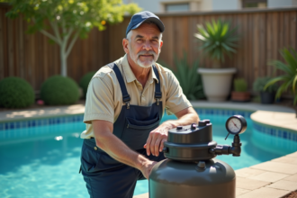 Homme en tenue de travail vérifiant un filtre à sable dans un jardin