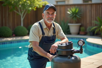 Homme en tenue de travail vérifiant un filtre à sable dans un jardin