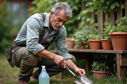 Homme en tenue casual nettoyant une pelle de jardin