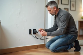 Homme d'âge moyen examine une prise coaxiale et une fibre optique