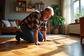 Homme d'âge moyen sur parquet en salon lumineux