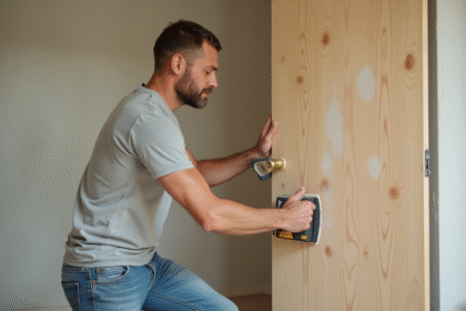 Homme d'âge moyen ponçant une porte en intérieur