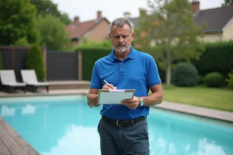Homme d'âge moyen près de la piscine dans le jardin