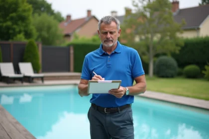 Homme d'âge moyen près de la piscine dans le jardin