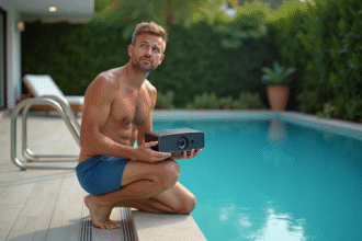 Homme en maillot près de la piscine avec projecteur