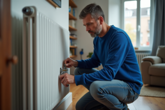Homme d'âge moyen réglant un radiateur dans un salon chaleureux