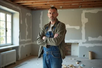Homme en tenue de chantier dans une pièce en rénovation
