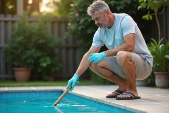 Homme en short et t-shirt ajoutant un javel dans la piscine en toute sécurité