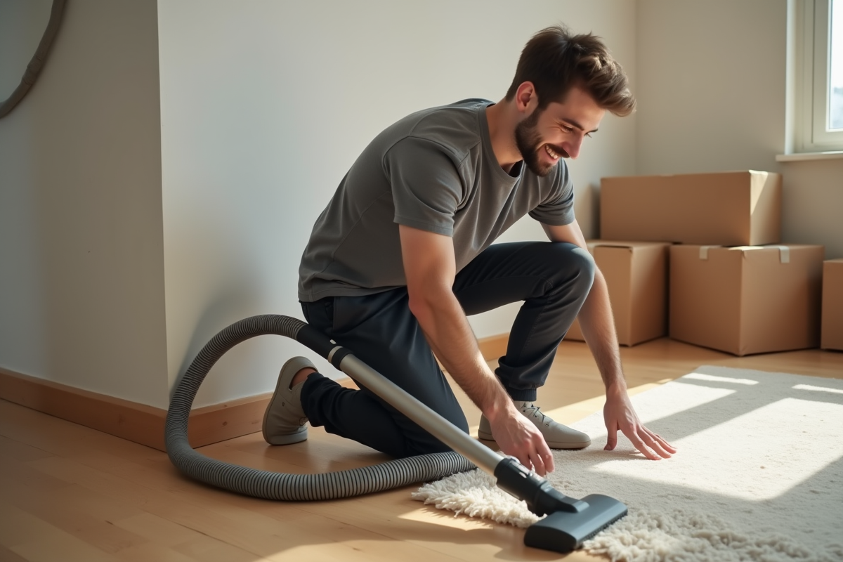 Jeune homme aspirant un coin du salon en transition