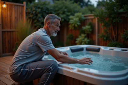 Homme vérifiant le spa extérieur dans un jardin moderne