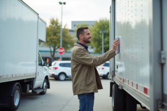 Homme inspectant un camion de location blanc en parking