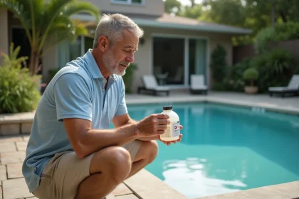 Homme d'âge moyen lisant une bouteille de clarifiant au bord de la piscine