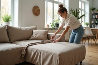 Femme qui installe une housse adaptée sur un canapé méridienne dans un salon scandinave